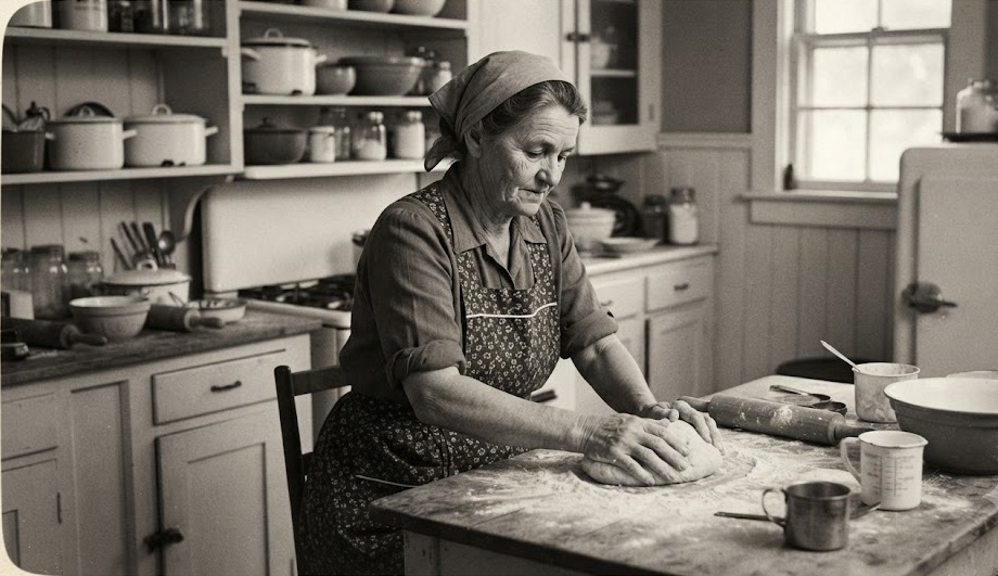 Great-grandma Mimi kneading bread dough in her kitchen